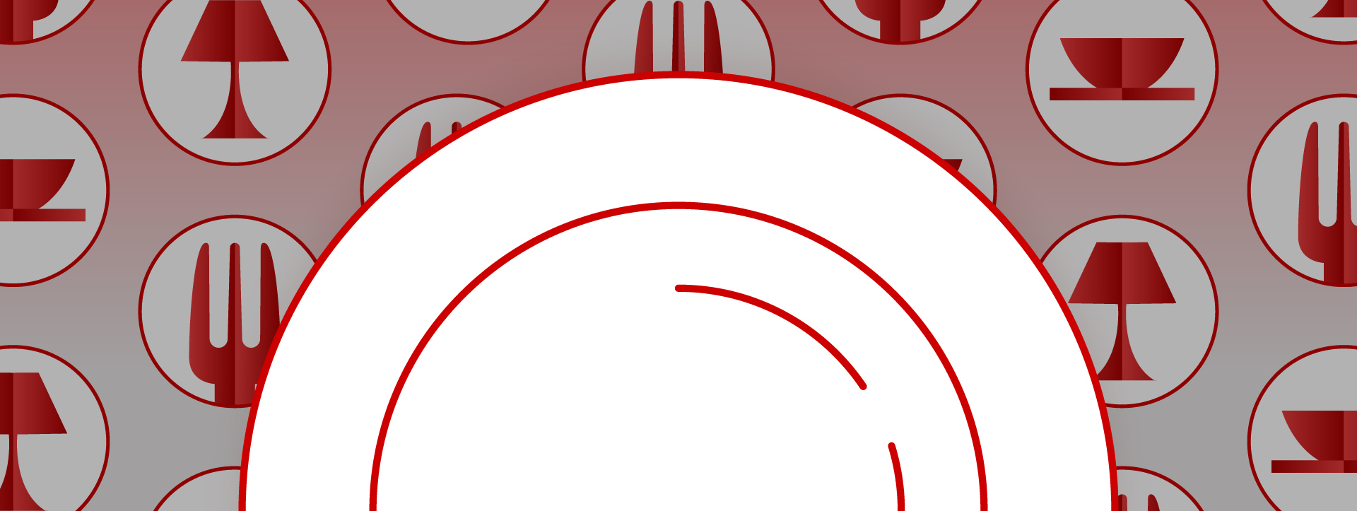 Sfondo con icone rosse stilizzate che rappresentano posate e oggetti da tavola all'interno di piatti.