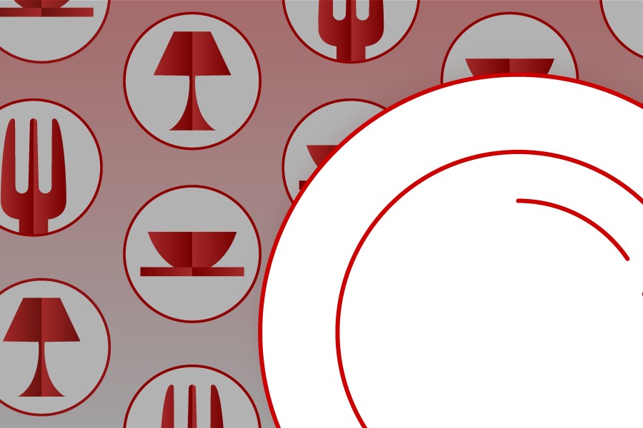 Sfondo con icone rosse stilizzate che rappresentano posate e oggetti da tavola all'interno di piatti.